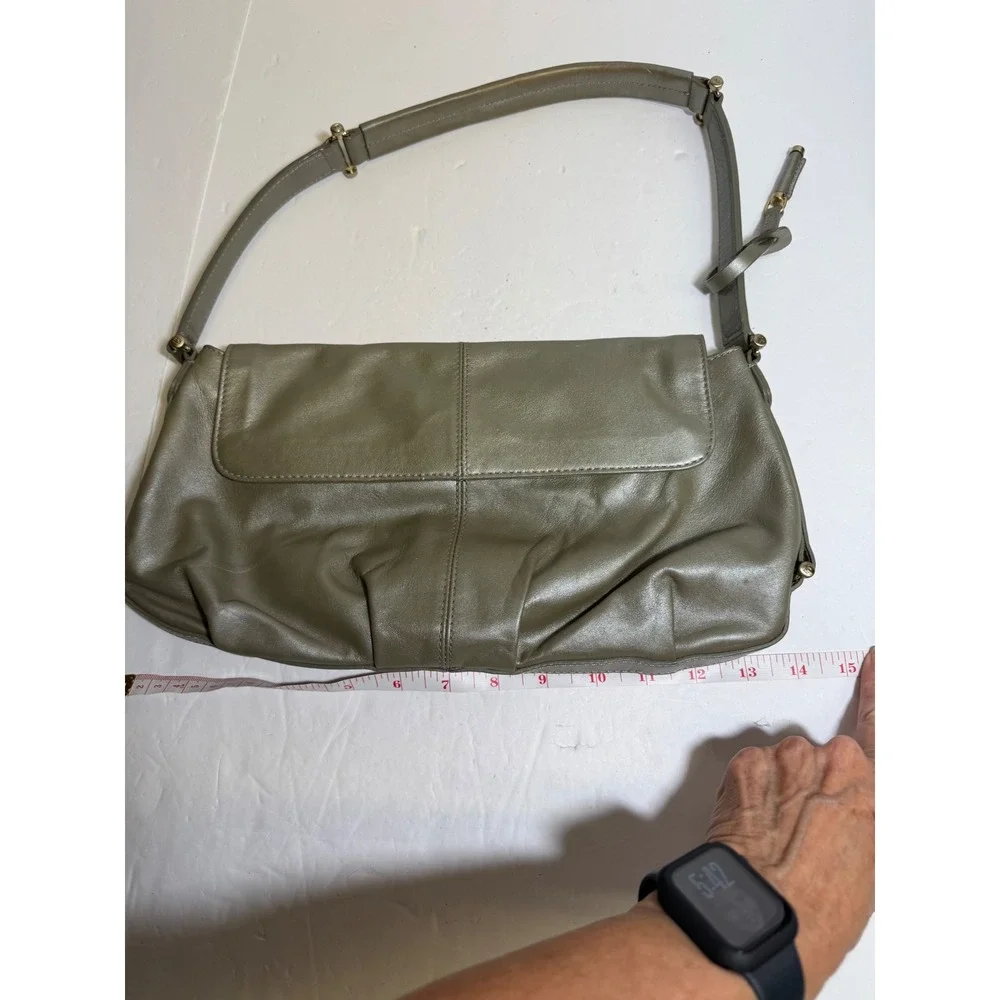 Liz Claiborne Metallic Olive Green Genuine‎ Leather Shoulder Bag Flap Handbag